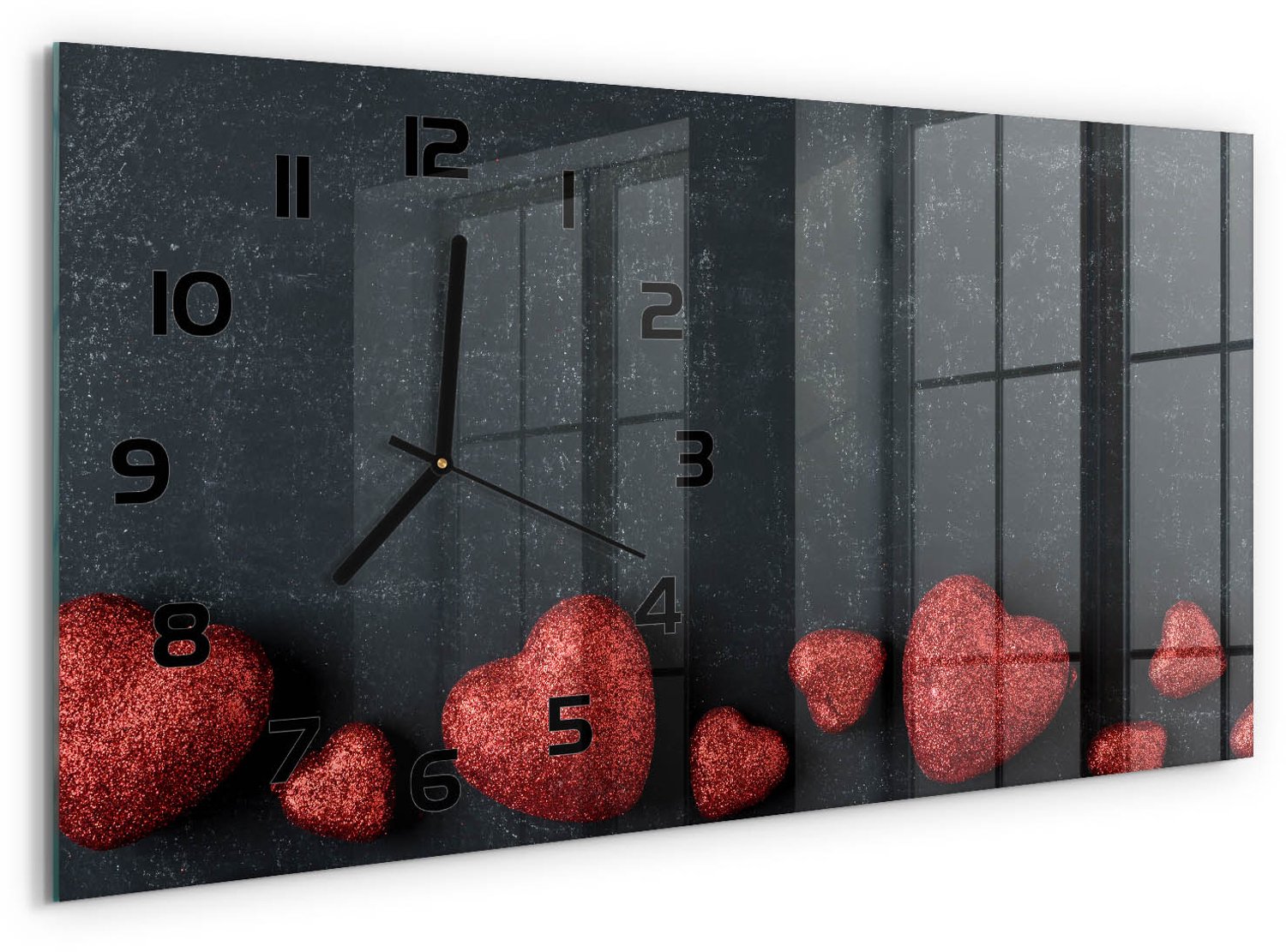 TULUP Wandklok - Harten op het bord Decoratieve Glazen Klok - 60x30 cm - Rood Glazen Wandklok Design - Zwarte handen - Rechthoekige Klok - Glazen Klok Met Print - Wandklok Glas Met Motief