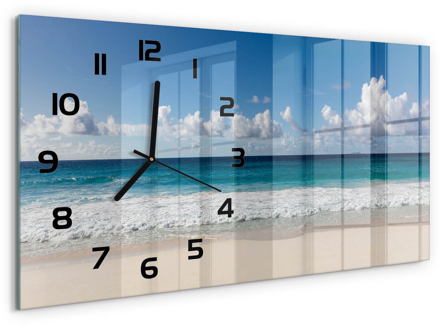 TULUP Wandklok - strand op de Seychellen Glazen Wandklok Design - 60x30 cm - Blauw Klok Glas Met Opdruk - Zwarte handen - Rechthoekige Klok - Wandklok Glas Met Motief - Decoratieve Glazen Klok