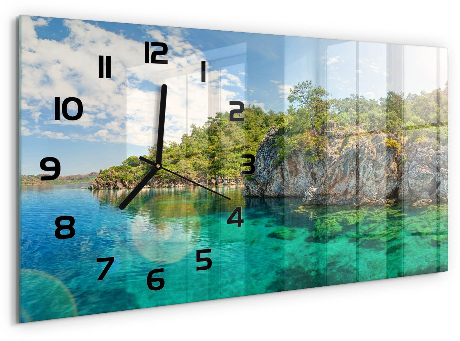 TULUP Wandklok - Blauwe Lagune Decoratieve Glazen Klok - 60x30 cm - Groente Glazen Wandklok Design - Zwarte handen - Rechthoekige Klok - Glazen Klok Met Print - Wandklok Glas Met Motief