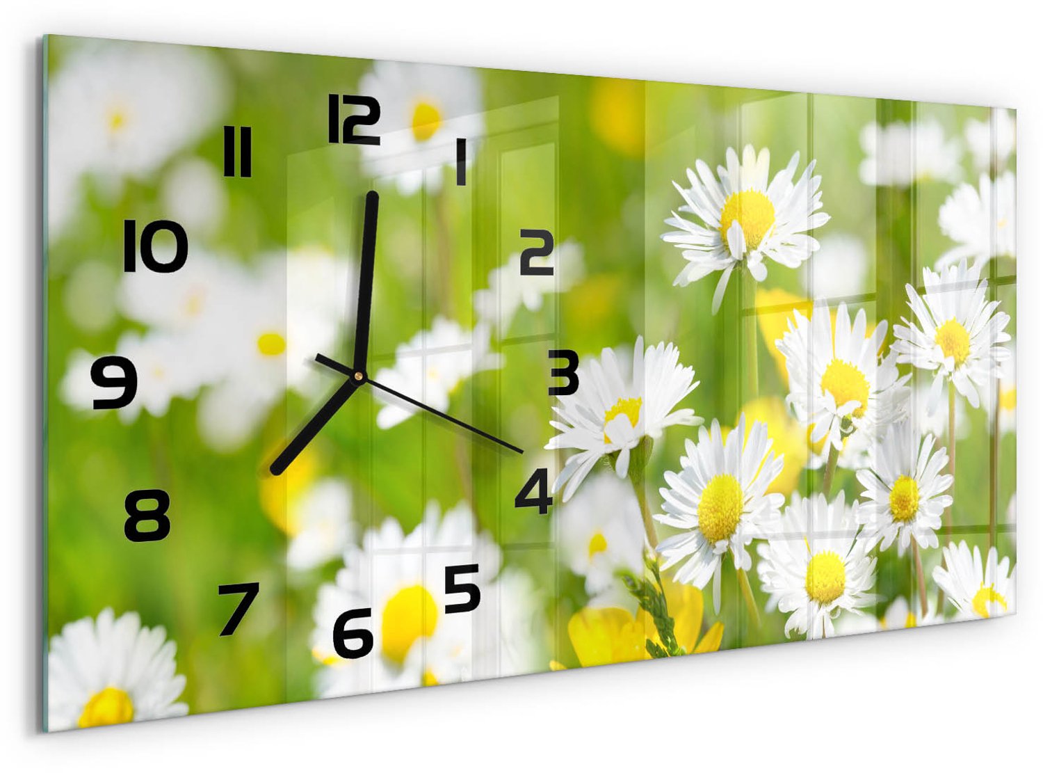 TULUP Wandklok - Madeliefje Glazen Klok Met Print - 60x30 cm - Groente Wandklok Glas Met Motief - Zwarte handen - Rechthoekige Klok - Wandklok Glas Decoratie - Gekleurde Glazen Klok