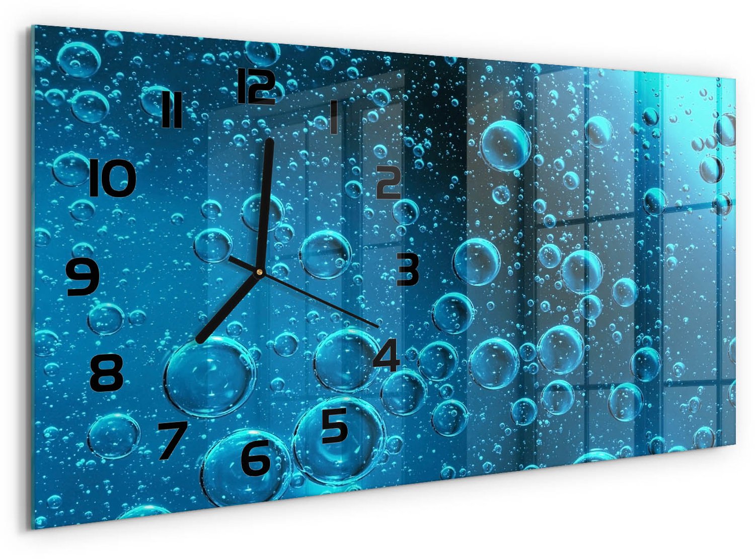 TULUP Wandklok - Onderwaterbellen Wandklok Glas Decoratie - 60x30 cm - Blauw Gekleurde Glazen Klok - Zwarte handen - Rechthoekige Klok - Klok Glas Met Opdruk - Moderne Wandklok Glas