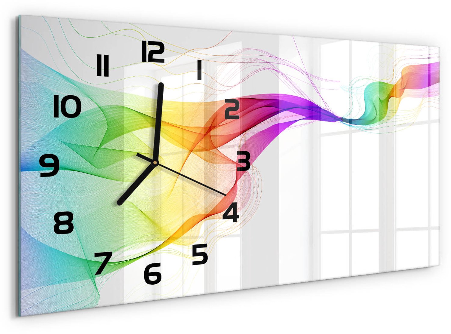 TULUP Wandklok - Kleurrijke abstractie Decoratieve Glazen Klok - 60x30 cm - Veelkleurig Glazen Wandklok Design - Zwarte handen - Rechthoekige Klok - Glazen Klok Met Print - Wandklok Glas Met Motief