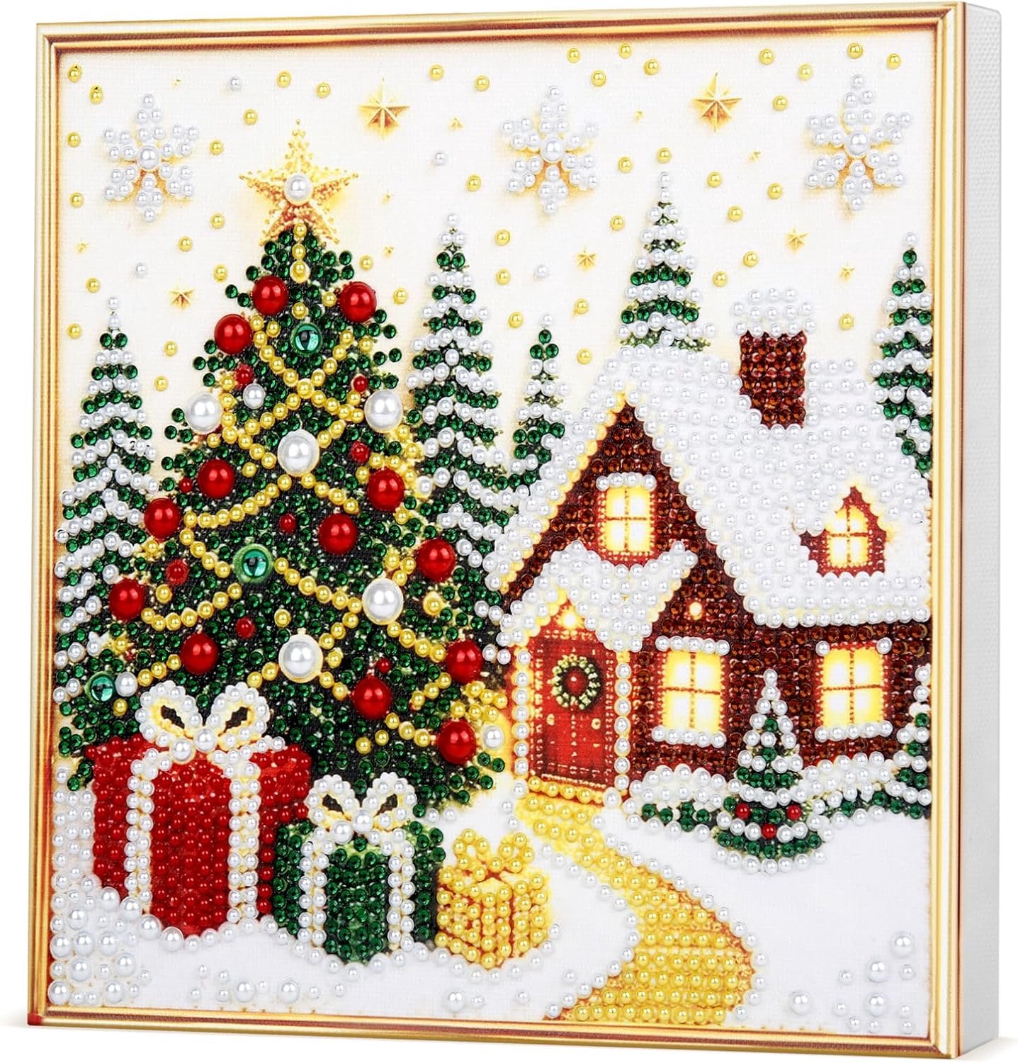 Kersthuiskralen, diamantschilderij, kerstset, 19,8 x 19,8 cm