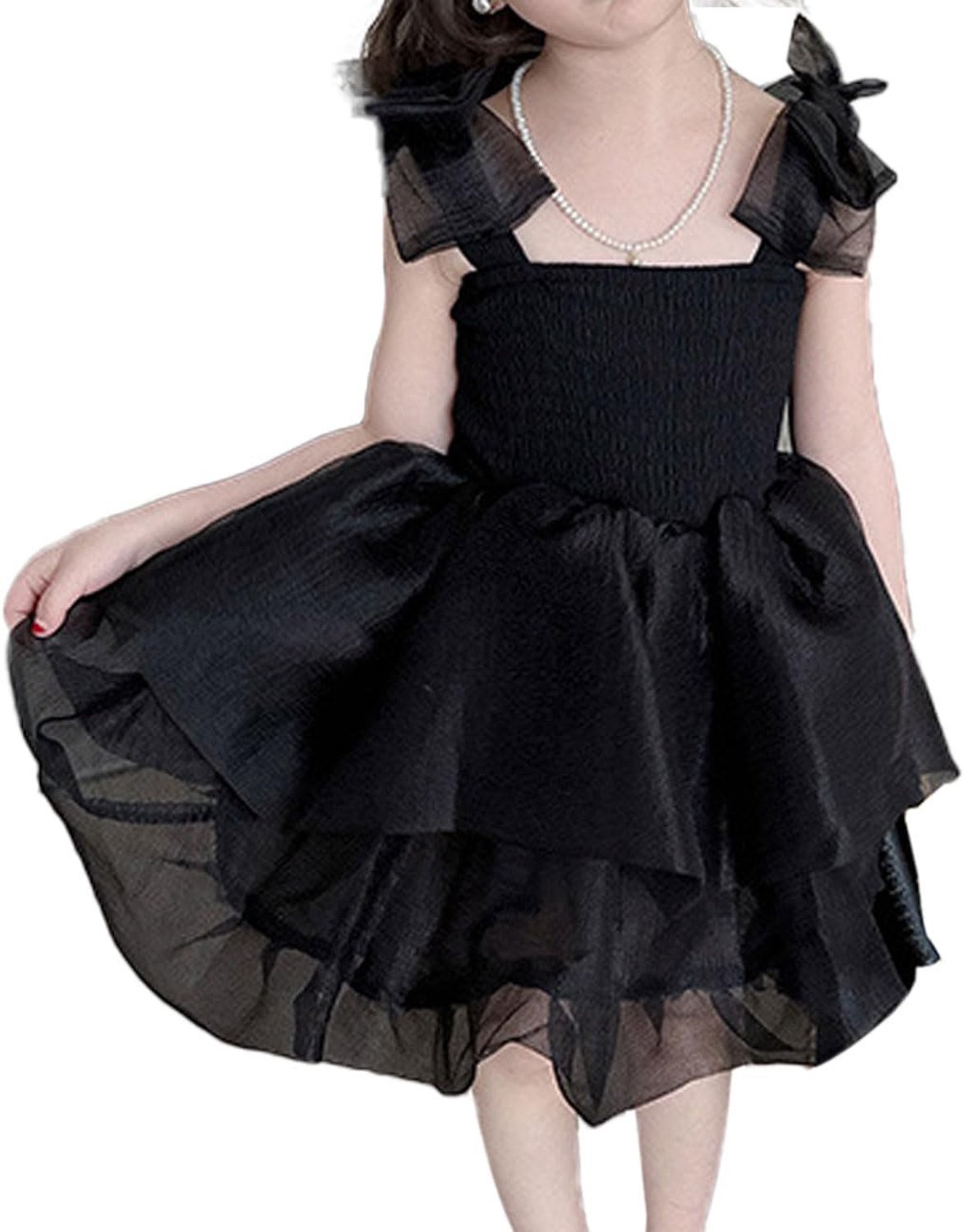 Baby Meisjes Prinses Mesh Puffy Jurk, Striknot Bretels Prinses Tutu Jurk, Mouwloze A-lijn Tule Jurken Feest voor 2-9 Jaar, Zwart/Wit