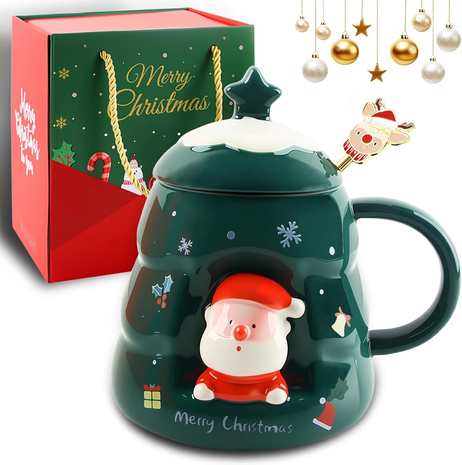Keramische mok voor Kerstmis, kerstman, kerstmok met deksel en roerstaaf, ontbijtmok, kantoor mok, originele cadeaus voor vrienden (groen)