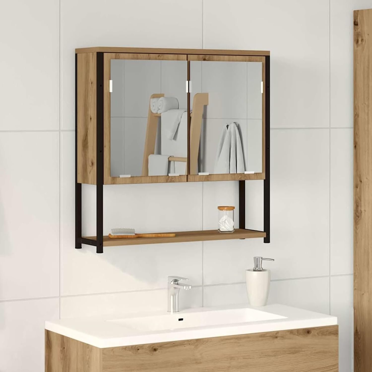 Spiegelkast wandmontage 60 x 16 x 60 cm houtmateriaal in Artisan eiken met platte spiegel en stalen frame voor badkamer