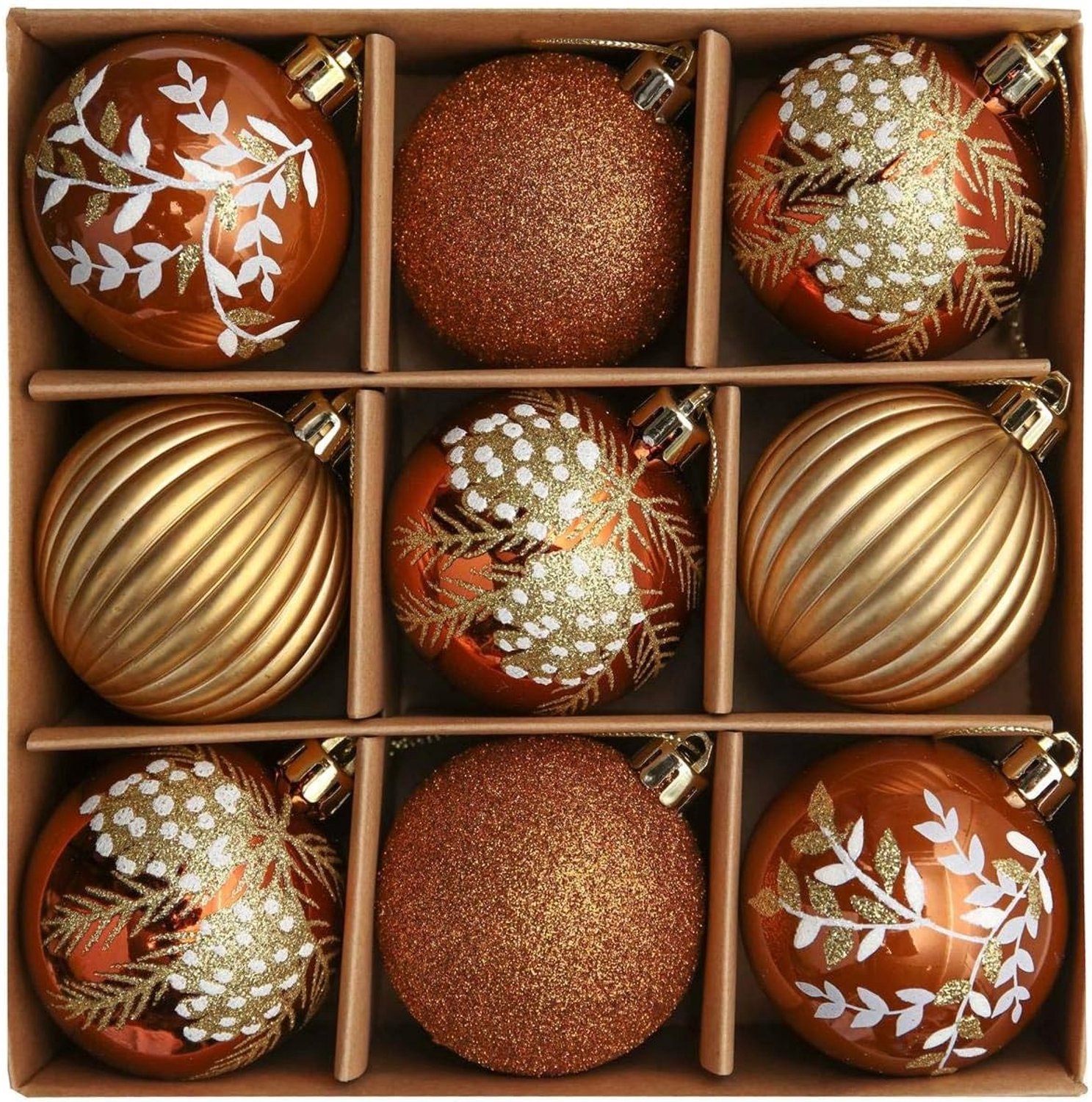 9-delige set van 6 cm kerstballen in koper, goud en brons, plastic kerstdecoraties met luxe verpakking en touw voor een feestelijke uitstraling