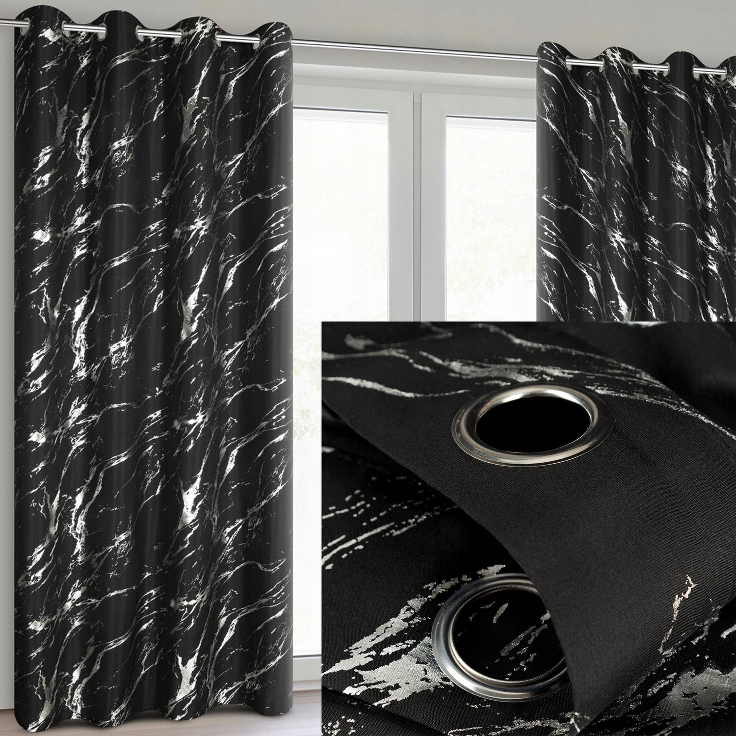 Moderne zwarte gordijn 140x250 met zilveren print en ringen