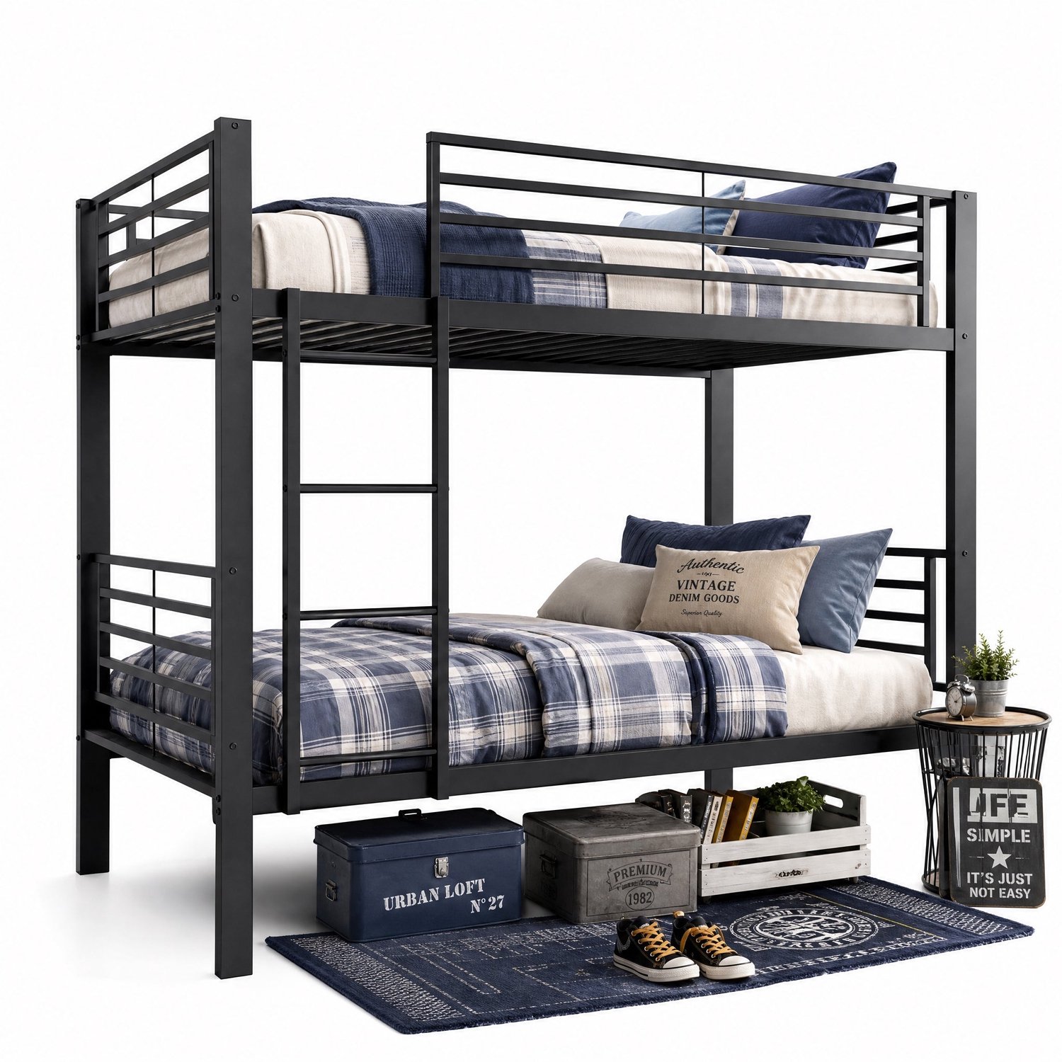 Merax Metalen Stapelbed 90 x 200 cm - Zwart - Draagvermogen 350 kg - Omkeerbare Ladder - Metalen Lattenbodem - Geluidsarm