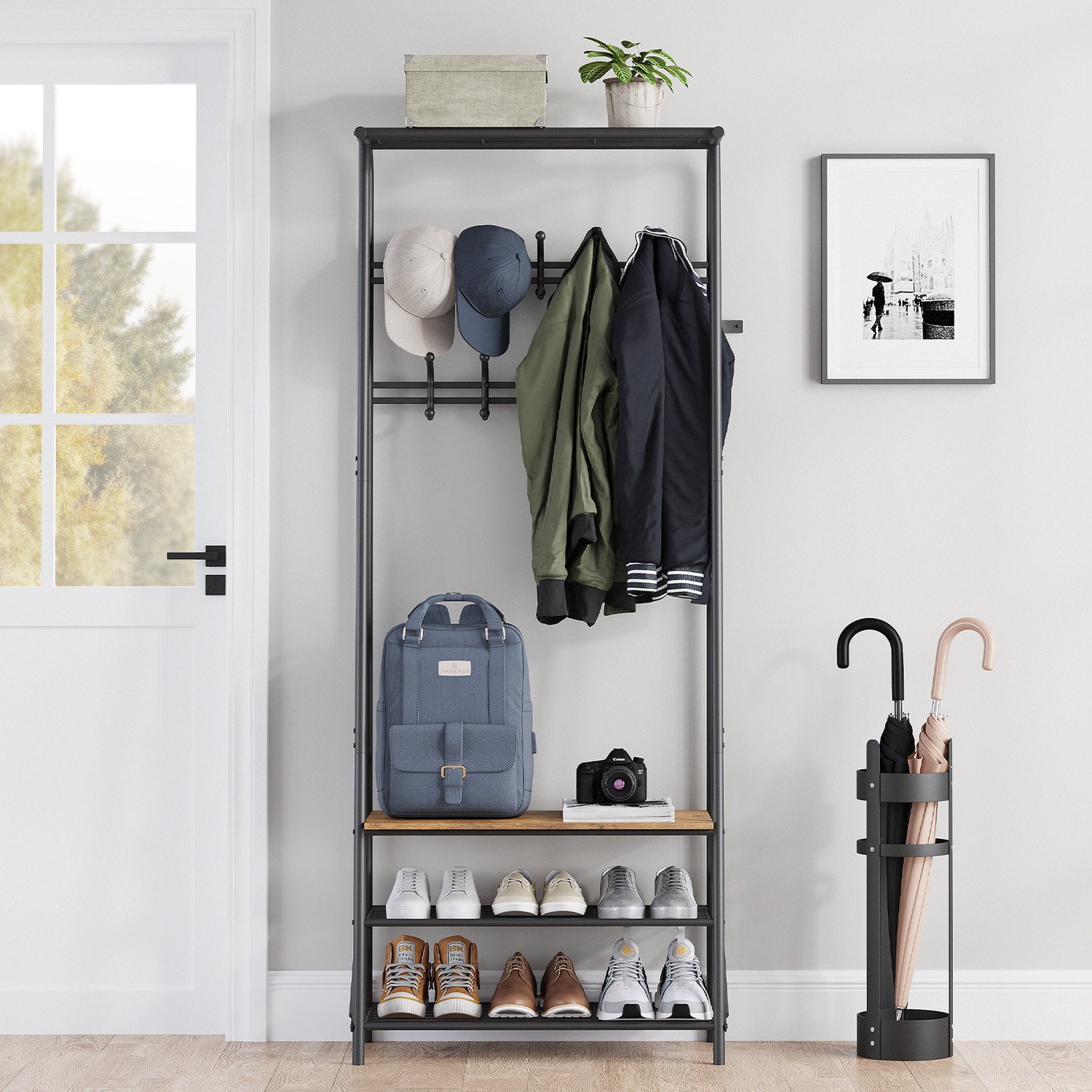 Staande Kapstok Garderoberek - Multifunctioneel Halmeubel met Schoenenrek - 10 Dubbele Ronde Haken - Bovenste metalen opbergrooster - Industrieel Vintage Design - Stabiel Metalen Frame met Houtlook - voor Gang en Woonkamer - Zwart