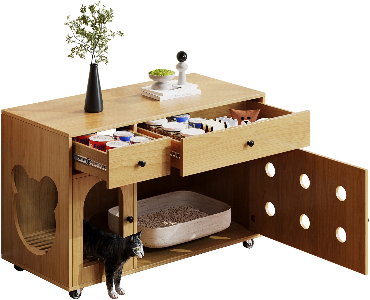 Kattenbakkast 100 x 45 x 66 cm - Verrijdbaar met wieltjes - Afneembare zandopvangplaat en twee lades - MDF in natuurlijke houtkleur