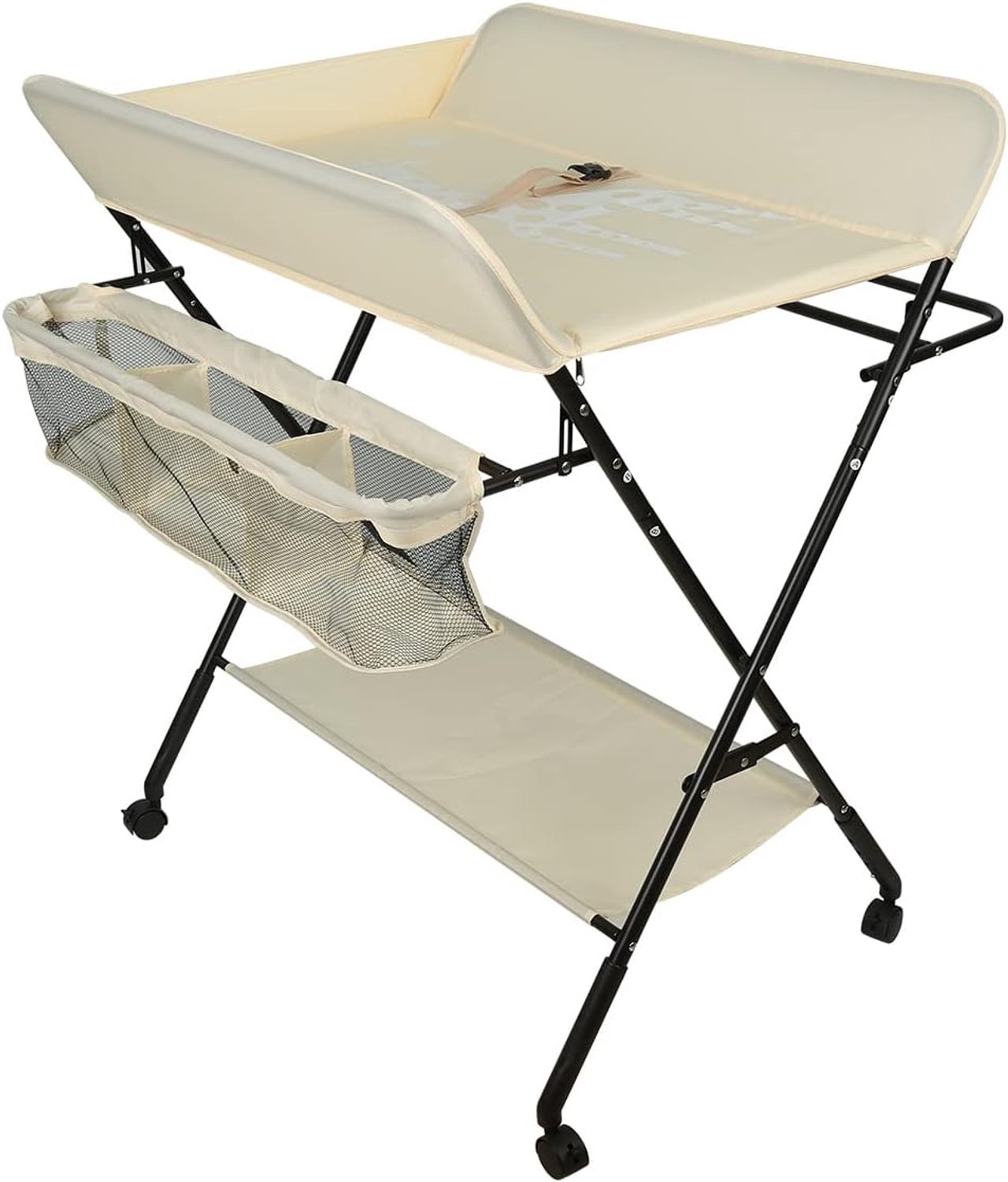 Wieg op wielen, wiegcombinatie met aankleedkussen, 3-traps in hoogte verstelbare wiegcommode met opbergtas & legplank (Beige)