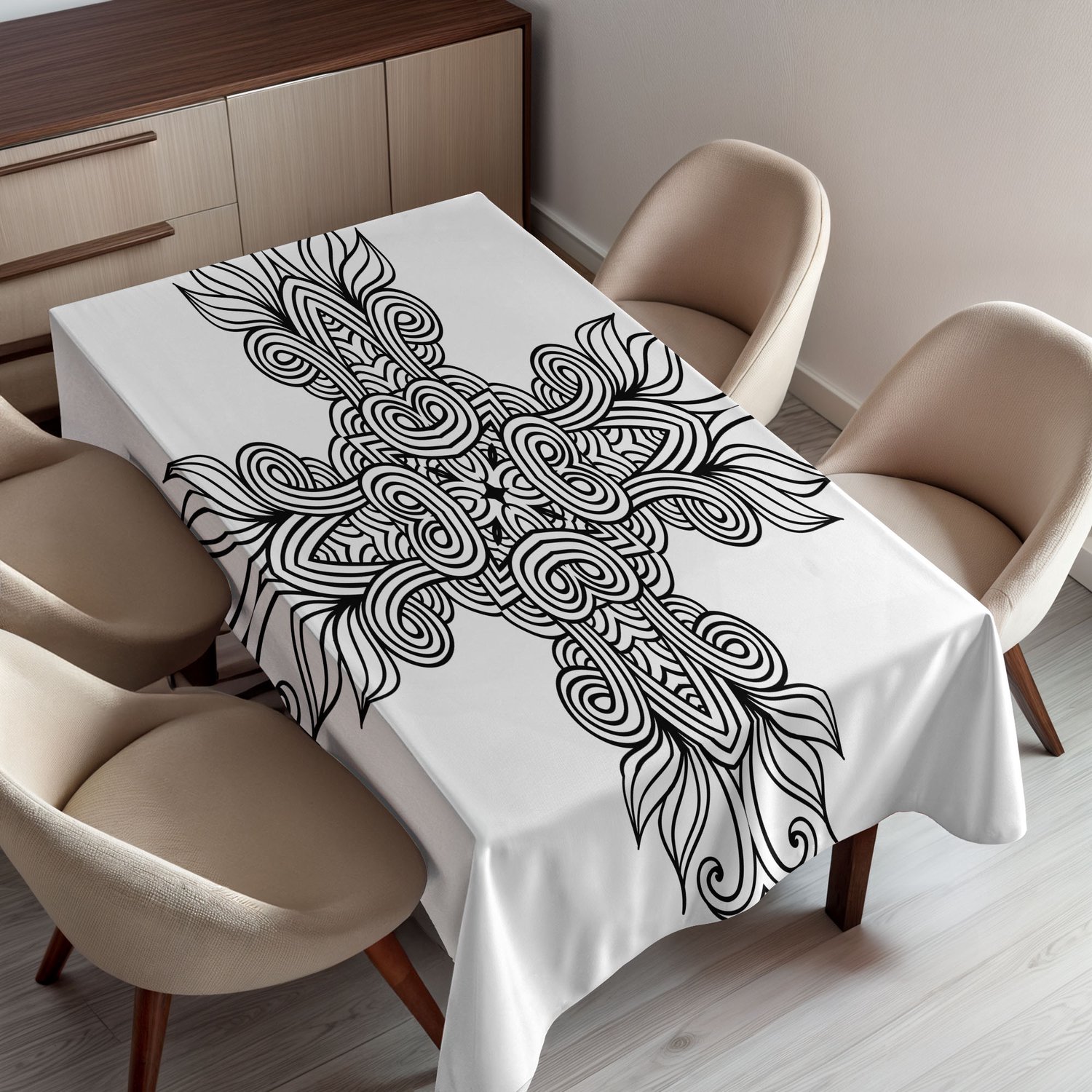 ABAKUHAUS Keltisch Tafelkleed, Koninklijk Oud Keltisch Knoopmotief met Gekrulde Kantbladeren Renaissancekunst, Rechthoekig Tafelkleed voor Eetkamer Keukendecoratie, 130 x 150 cm, Zwart Wit