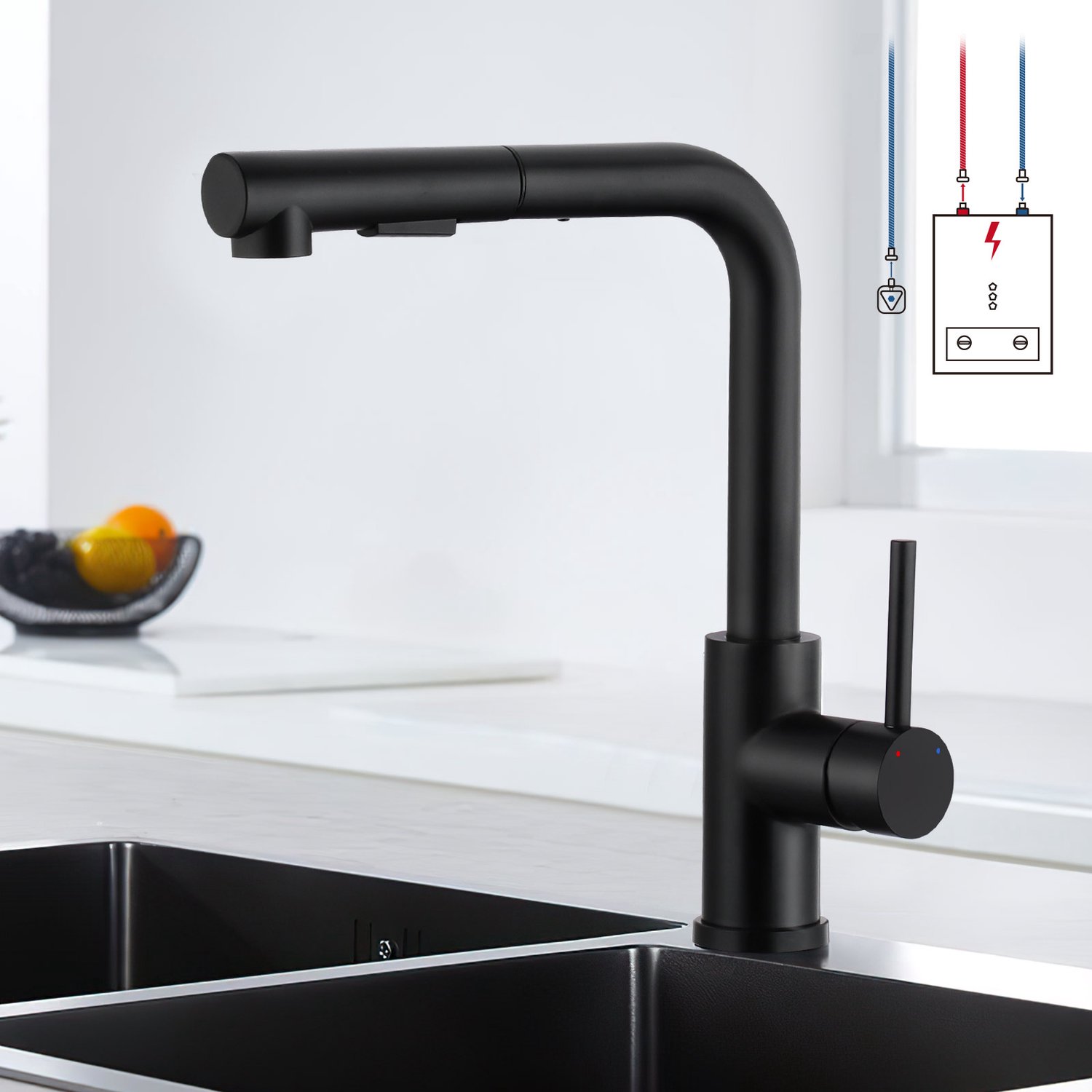 LOVHAUS Keukenmengkraan Lagedruk - Uittrekbaar met Sproeier - 3 Aansluitingen voor Boiler - Zwart