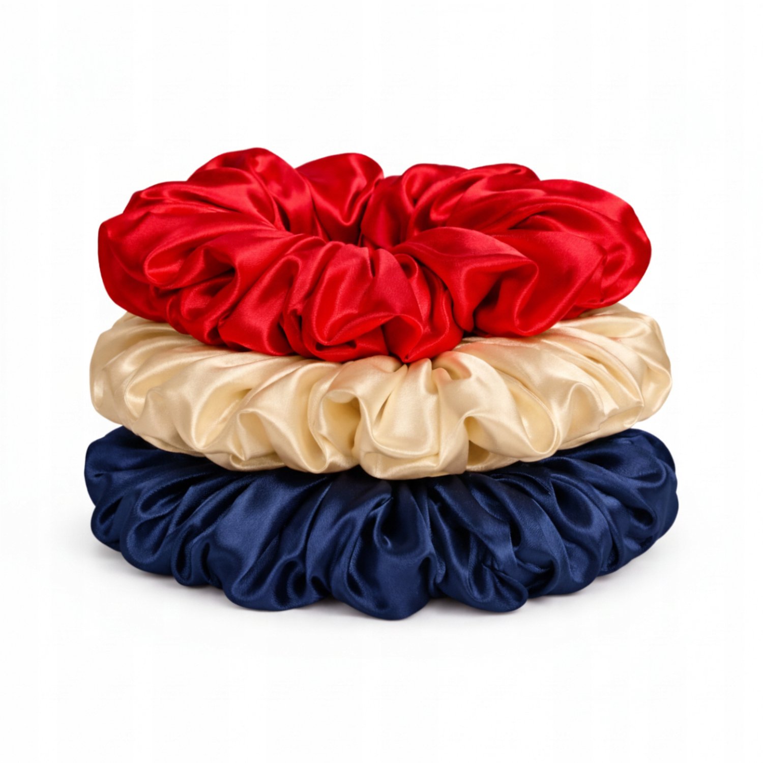 Set van 3 satijnen scrunchies voor haar - 13 cm - Rood, Beige, Marineblauw