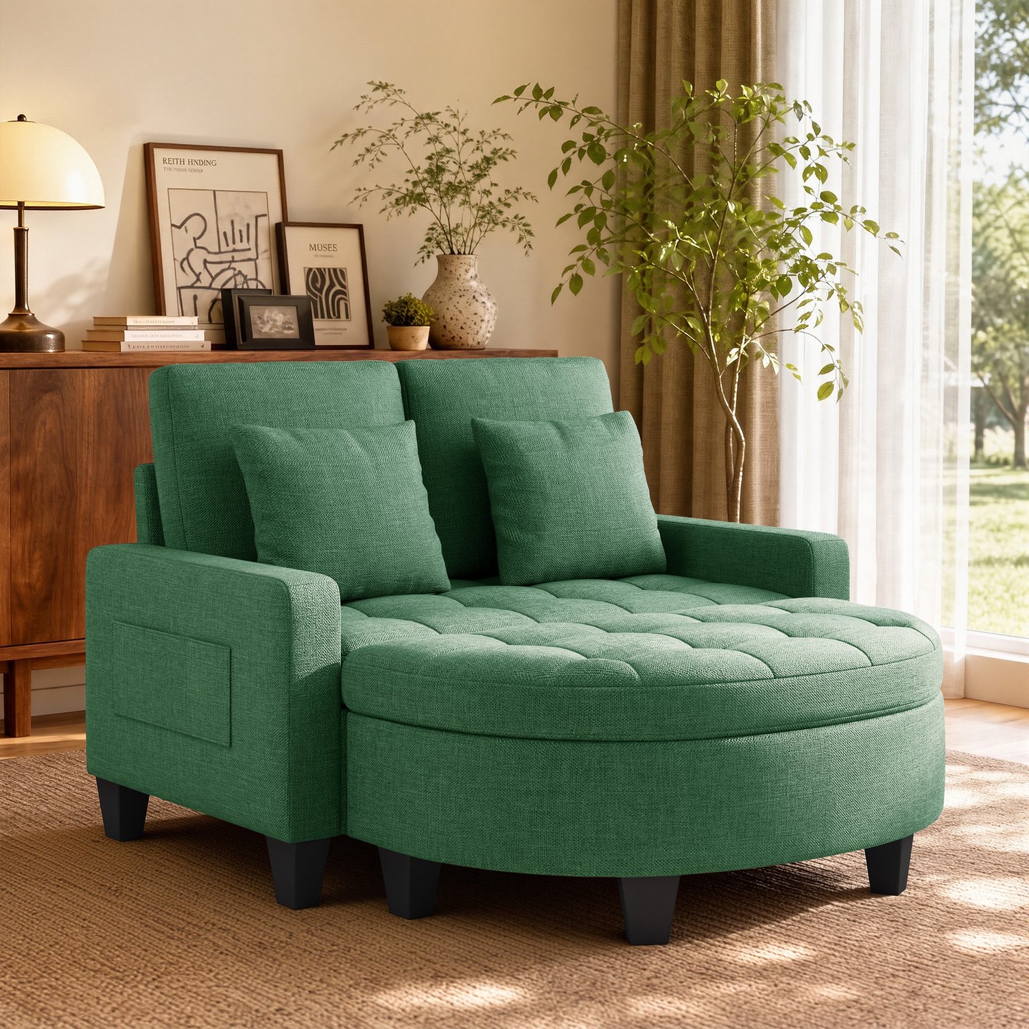 Xbro Zitbank 2 zits met Voetenbank en Opbergruimte – Loungebank met 2 Kussens, Comfortabele 2-zitsbank – Groen