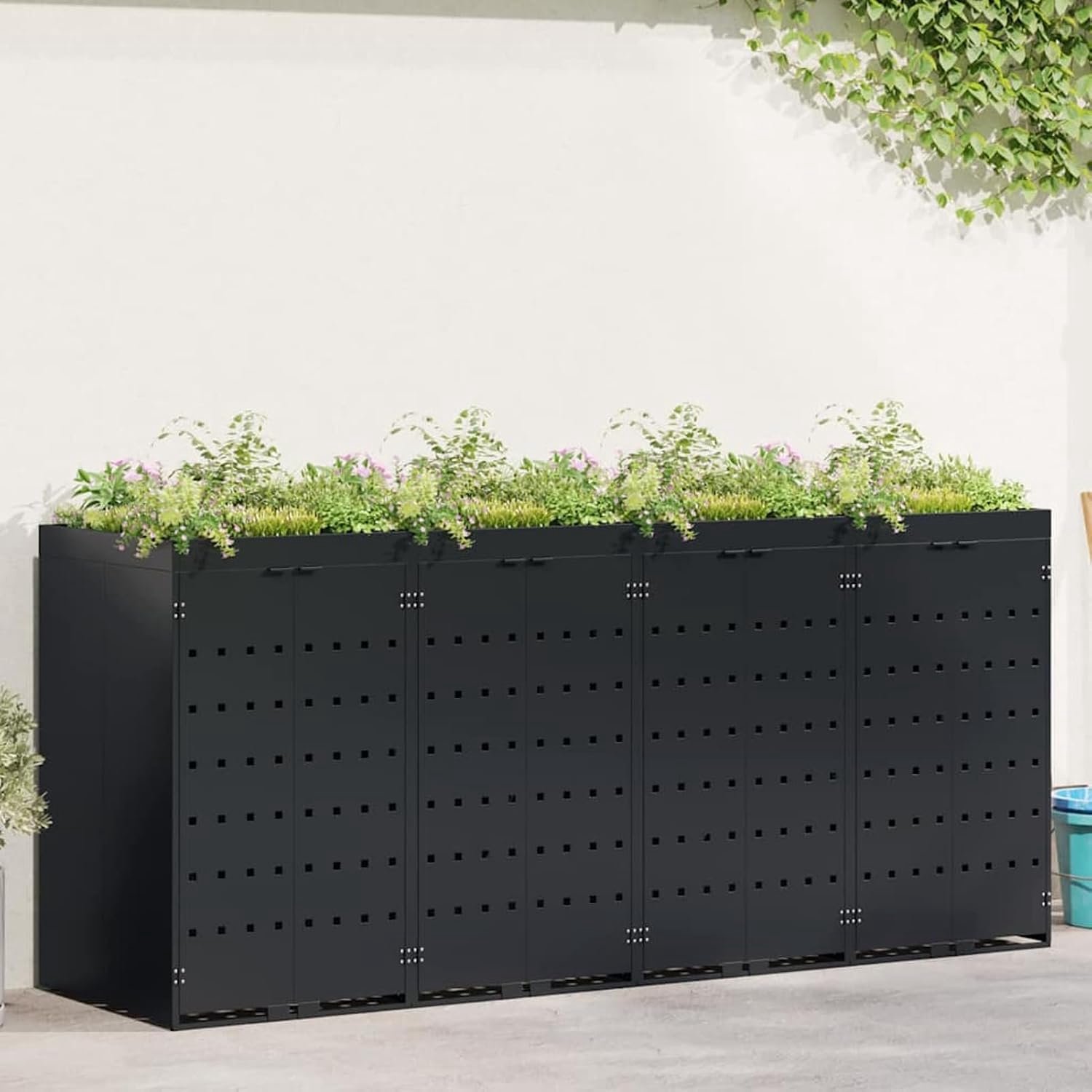 Vuilnisbak voor 4 x 120/240 liter vuilnisbakken - zwart, gepoedercoat staal (272 x 77,5 x 121,5 cm), met geventileerd plantendak, magneetdeuren en verstelbare voeten, oplossing voor buiten tuin terras