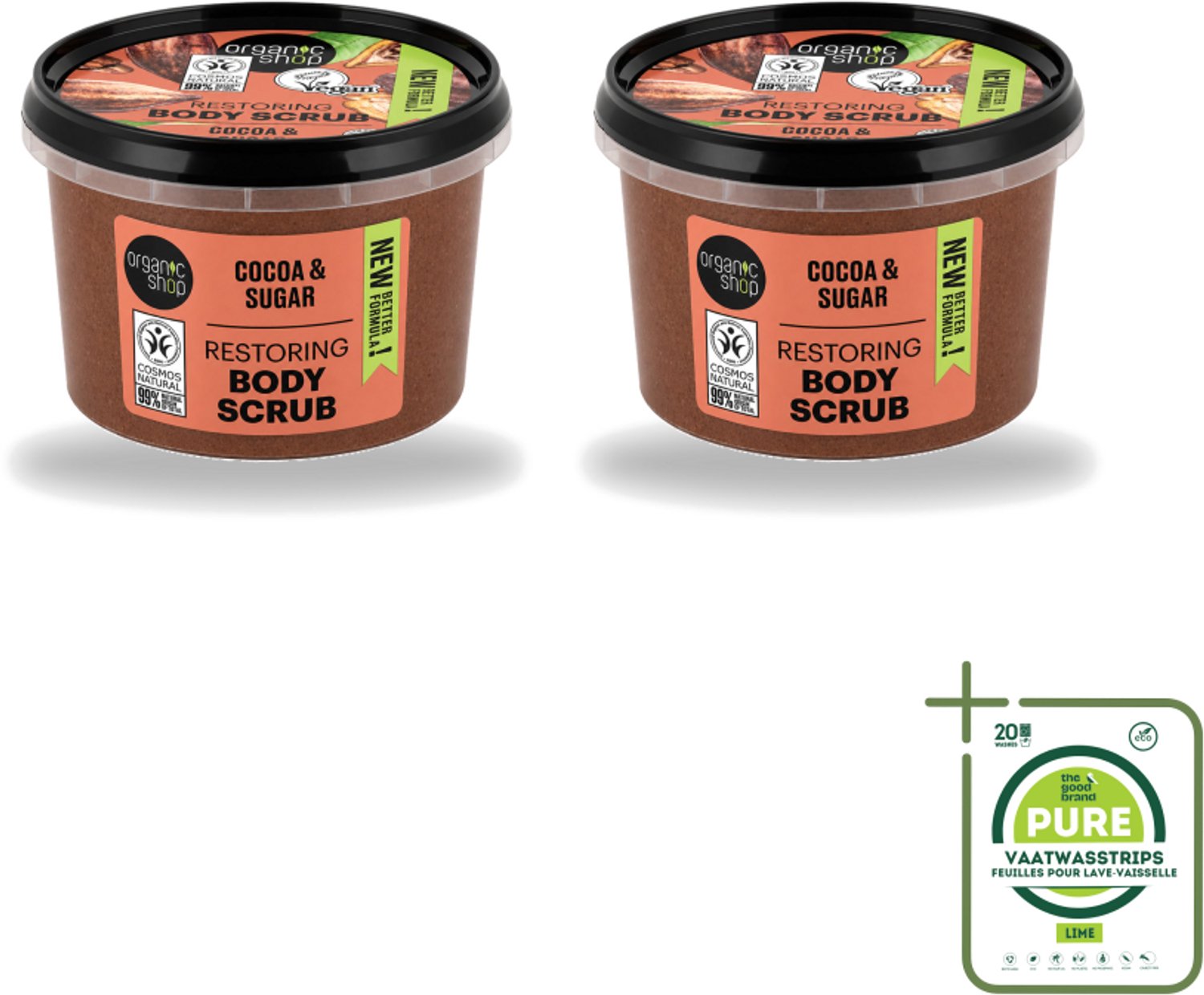 2 x Organic Shop - Body Scrub Cocoa - Rijke Hydratatie - 250 ml - Grootverpakking - Vaatwasstrips - Bodyscrub - Exfoliatie - Huidverzorging - Cacaoboter - Suiker
