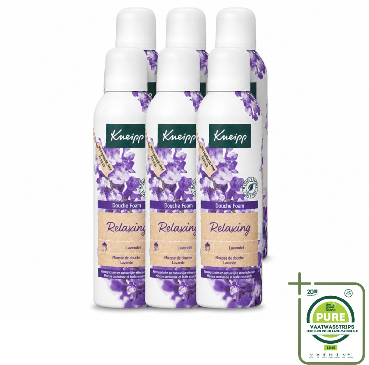 6 x Kneipp - Douche schuim - Relaxing - Lavendel - 200 ml - Grootverpakking - Vaatwasstrips - Douche Schuim - Ontspanning - Lavendel - Rust - Natuurlijke Geur