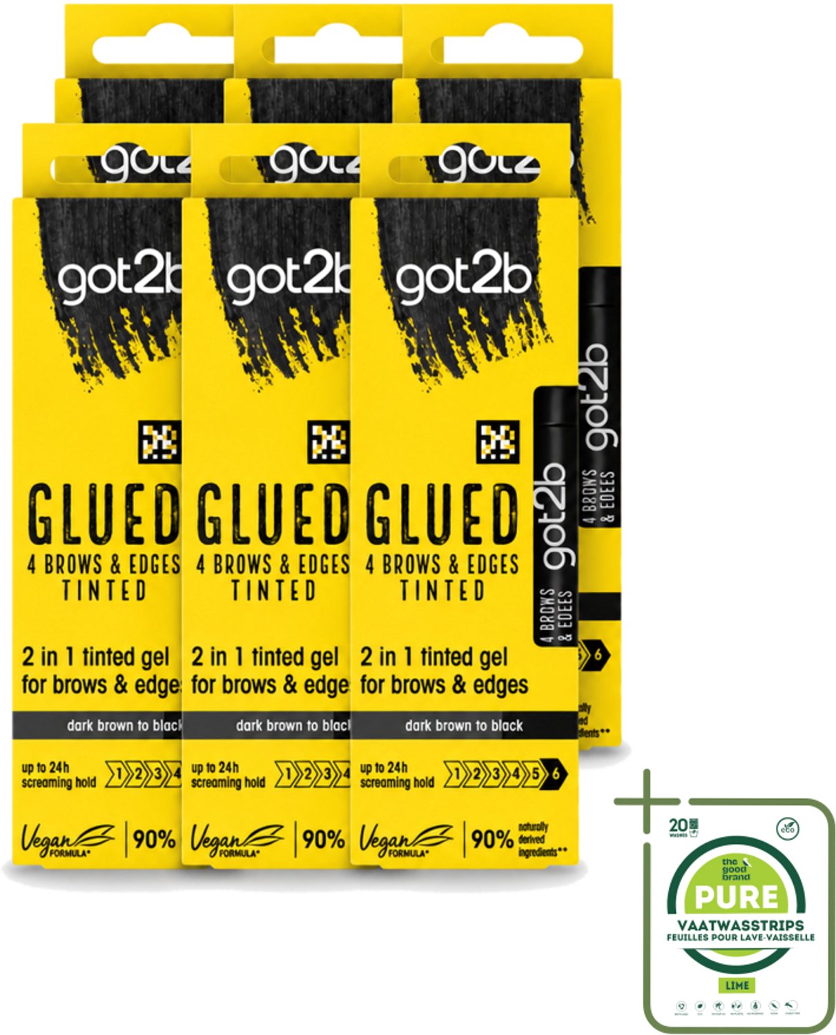 6 x Got2B - 2-in-1 Gel - Brows & Edges Zwart - 16 ml - Grootverpakking - Vaatwasstrips - Wenkbrauwen En Haarranden - Gestylde Brows - Haarranden - Zwart Gel - 2-in-1 Gel