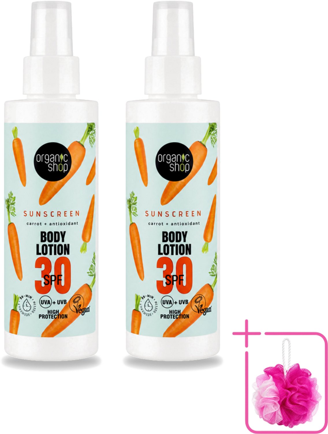 2 x Organic Shop - Zonnebrandcrème SPF 30 - Bescherming tegen de Zon - 150 ml - Bulkverpakking - Zonbescherming - Douchemop - Zonnebrandcrème