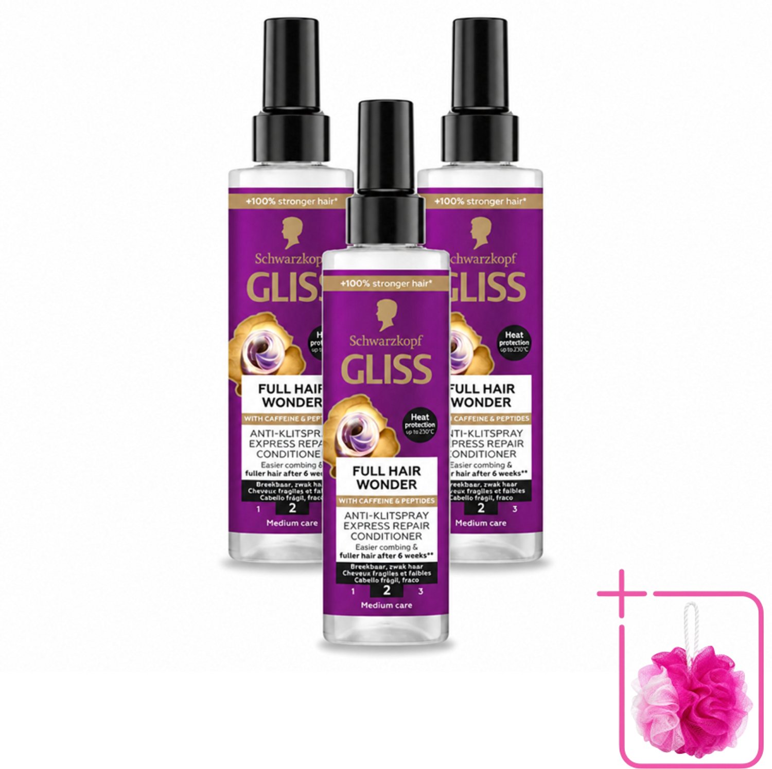 3 x Gliss - Anti-Klit Spray Full Hair Wonder - Voor Voller en Sterker Haar - 200 ml - Bulkverpakking - Haarkleur - Douchemop - Haarkleur