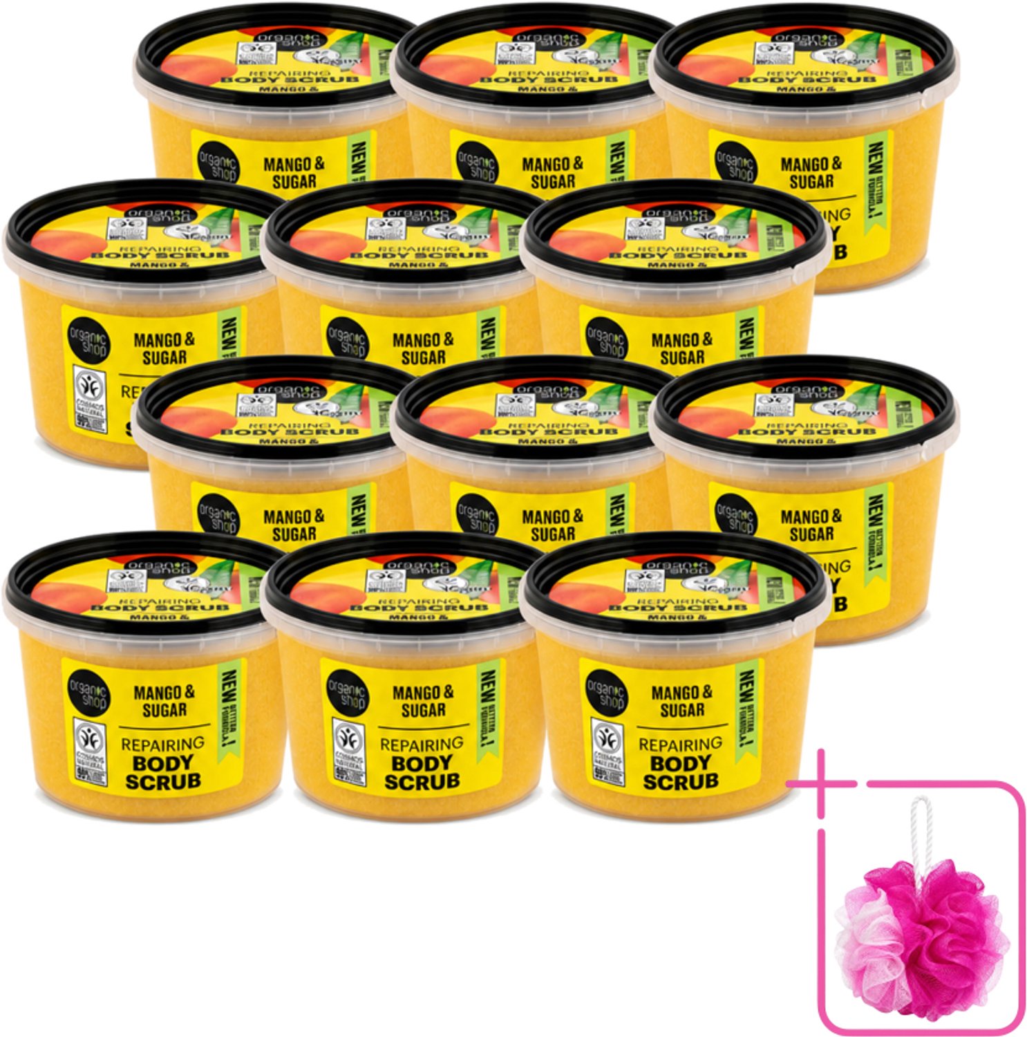 12 x Organic Shop - Organic Mango & Sugar Body Scrub - Peeling en Geur - 250 ml - Bulkverpakking - Organische bodyscrub - Douchemop - Mango scrub