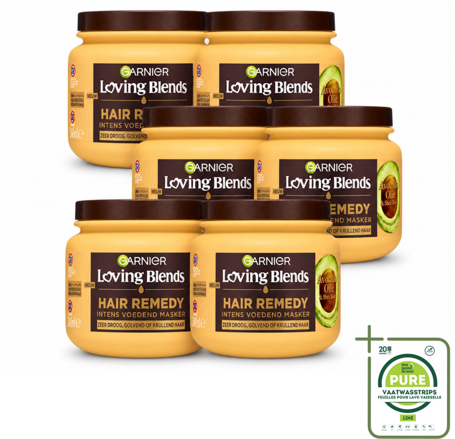6 x Garnier - Loving Blends - Haarmasker - Avocado Olie & Shea Boter - Ultra Voedend - Golvend & Krullend Haar - 340 ml - Grootverpakking - Vaatwasstrips - Haarmasker - Avocado Olie - Shea Boter - Voedend Haar - Pluisvrij Haar