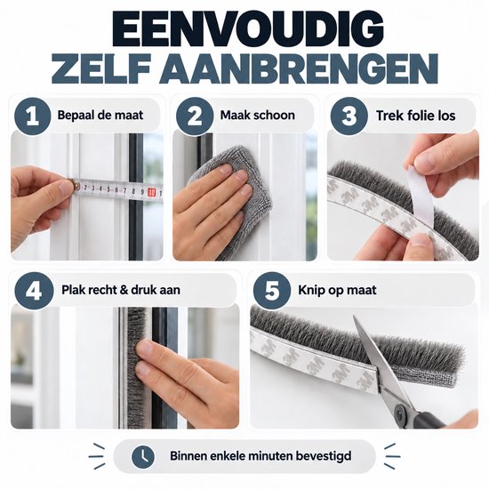 Stappenplan voor zelf aanbrengen: meten, reinigen, folie verwijderen, plakken en op maat knippen.