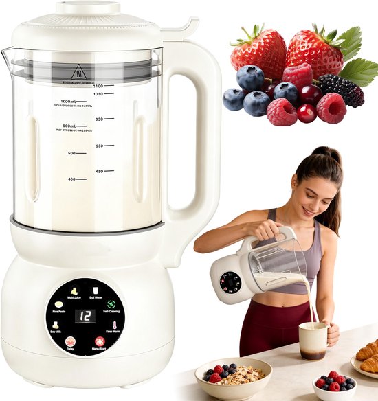 Blender Glas - Automatische Blender - Sojamelkmaker - Multifunctionele Keukenmachine - 1100 ml - 12-uurs Timer - Zelfreinigend - Warme/Koude Drank - Voor Sojamelk & Soep & Sap & Milkshake — afbeelding 2