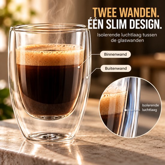 Dubbelwandige Koffieglazen Set van 6 - Theeglazen 350 ml - Borosilicaatglas - Dubbelwandige Theeglazen — cadeau in Koken & Dineren - foto 5