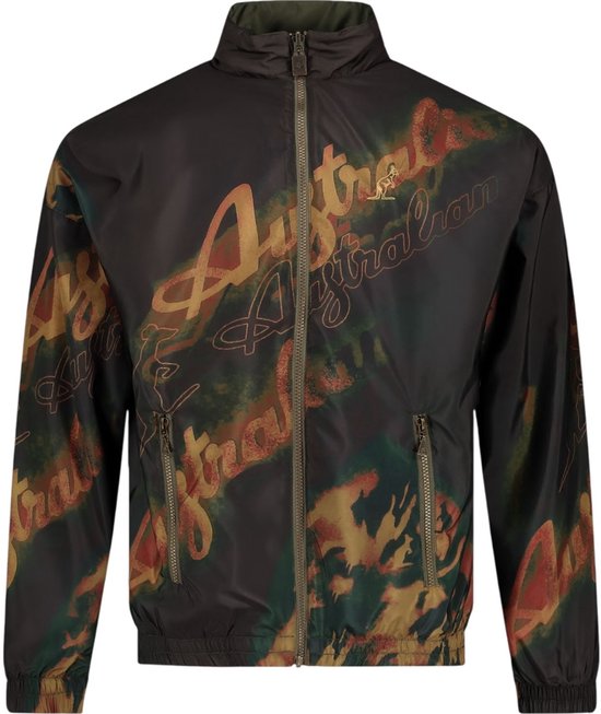 Vue frontale d'une veste noire avec inscription 'Australian' multicolore, poches zippées et logo.