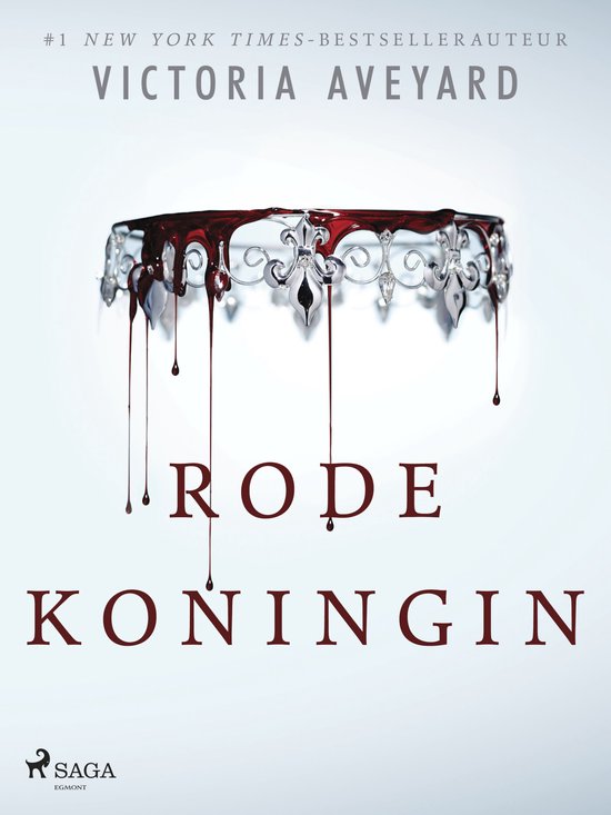 Boekomslag Rode Koningin door Victoria Aveyard, met een zilveren kroon die druipt van rood bloed op een lichtblauwe achtergrond.