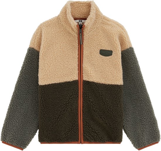 Beige en donkergroen teddy vest met rits en 'TRUE ELEMENT' logo patch op de borst.