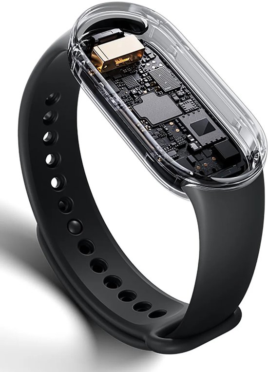 Tracker d'activité noir avec boîtier transparent révélant les composants électroniques internes.