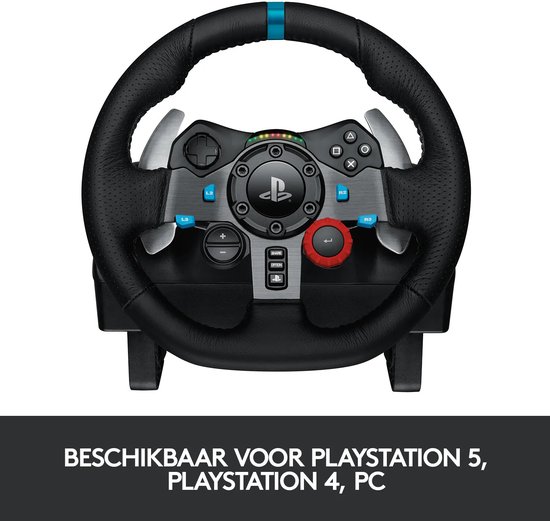 Racestuur met PlayStation-logo, tekst: Beschikbaar voor PlayStation 5, PlayStation 4, PC.