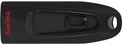 Zwarte SanDisk USB 3.0-stick met centraal schuifmechanisme en rood logo.