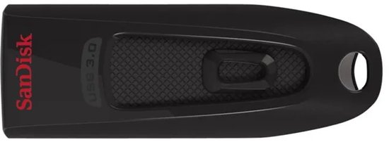 Zwarte SanDisk USB 3.0-stick met centraal schuifmechanisme en rood logo.