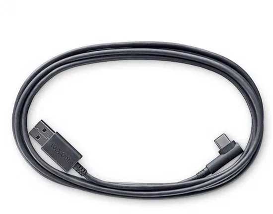 Zwarte Wacom USB-kabel van 2 meter met een standaard USB-A connector en een haakse USB-C connector.