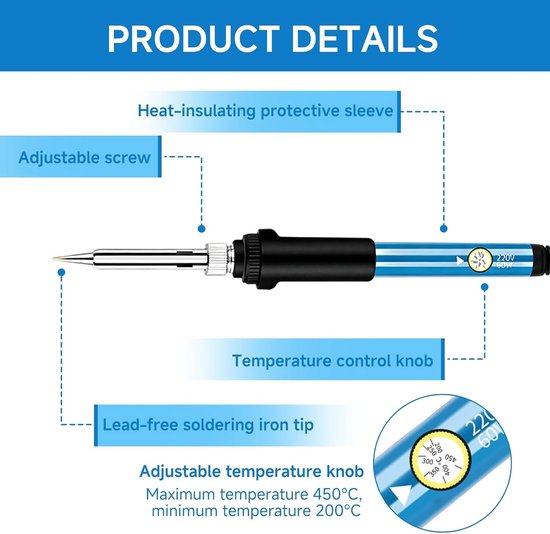 Professionele 60 W Loodsoldeerbout Set met 9 Onderdelen, Verstelbare Temperatuur, Diverse Tips en Desoldeerpomp voor Precisiewerk en Elektronica — afbeelding 2