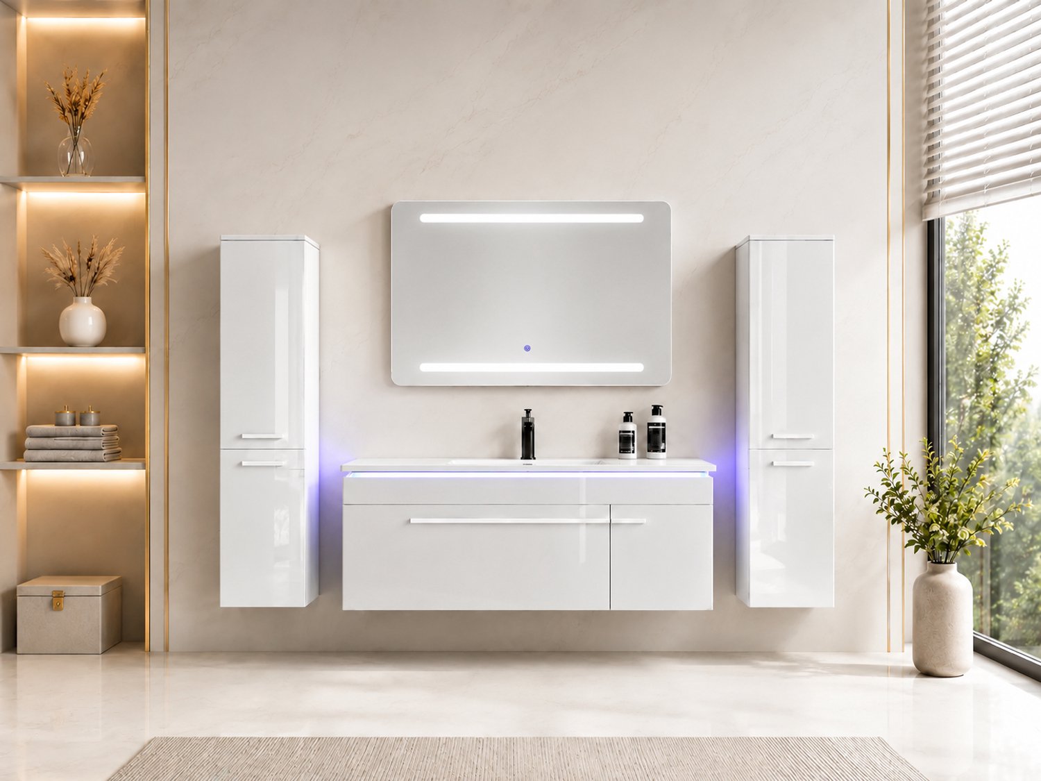 Faizee Home Badkamermeubelset 90 cm Hoogglans incl. keramische wastafel, LED-spiegel & voorgemonteerde wastafelonderkast