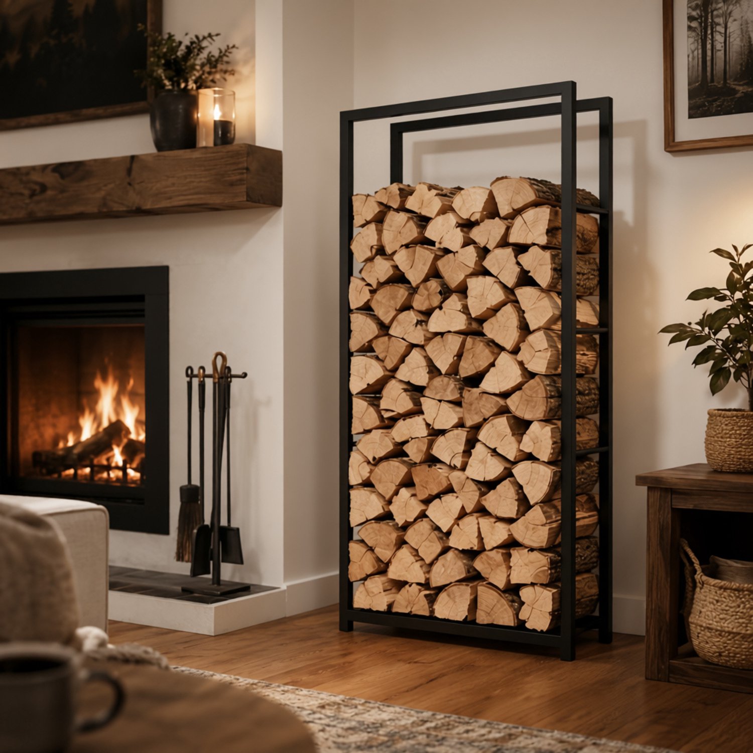 Zwarte metalen haardhoutopslag brandhoutrek houder-maximaal 300kg-150x80x25 cm.