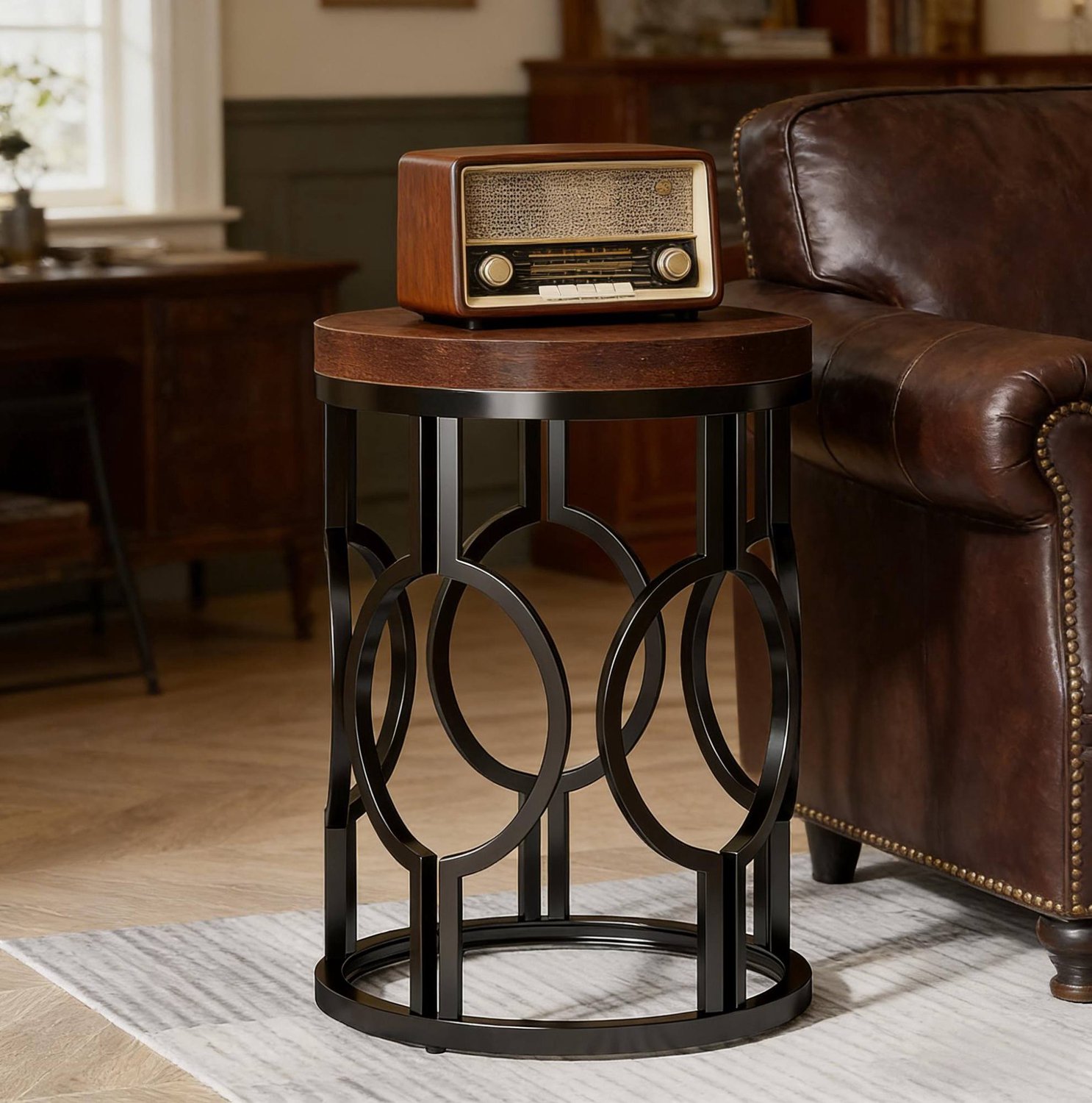 CHICFURN Bijzettafel - Rond - Metalen frame - Zwart en rustiek bruin