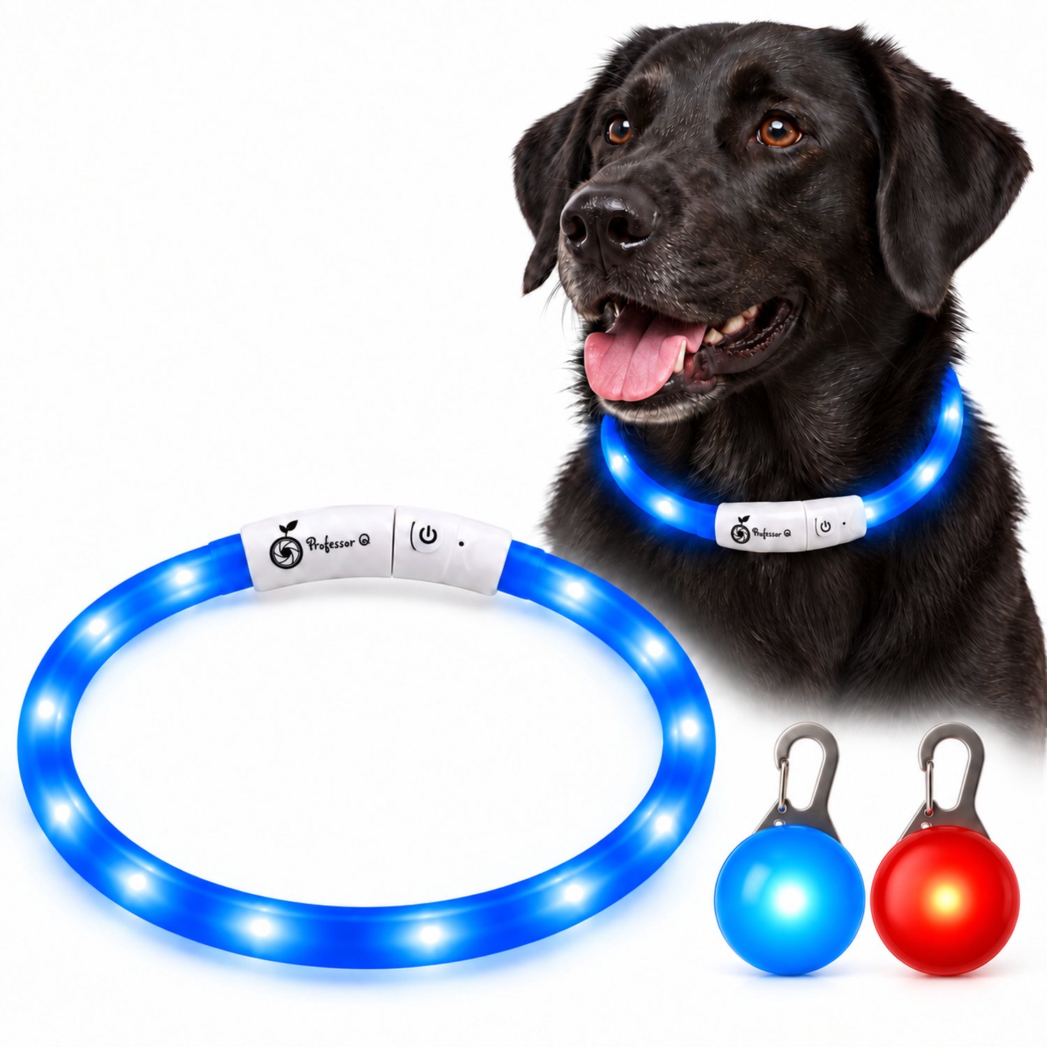 Professor Q LED Hondenhalsband Set - Blauw XL 71 cm - USB Oplaadbaar - 3 Lichtstanden - Met Blauw en Rood LED Lampje