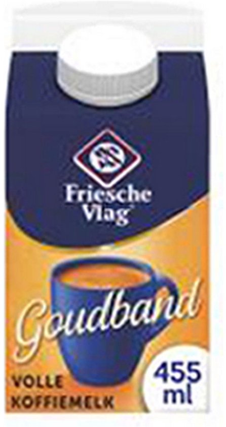 Pak Friesche Vlag Goudband volle koffiemelk, 455 ml, met blauwe beker op oranje achtergrond.