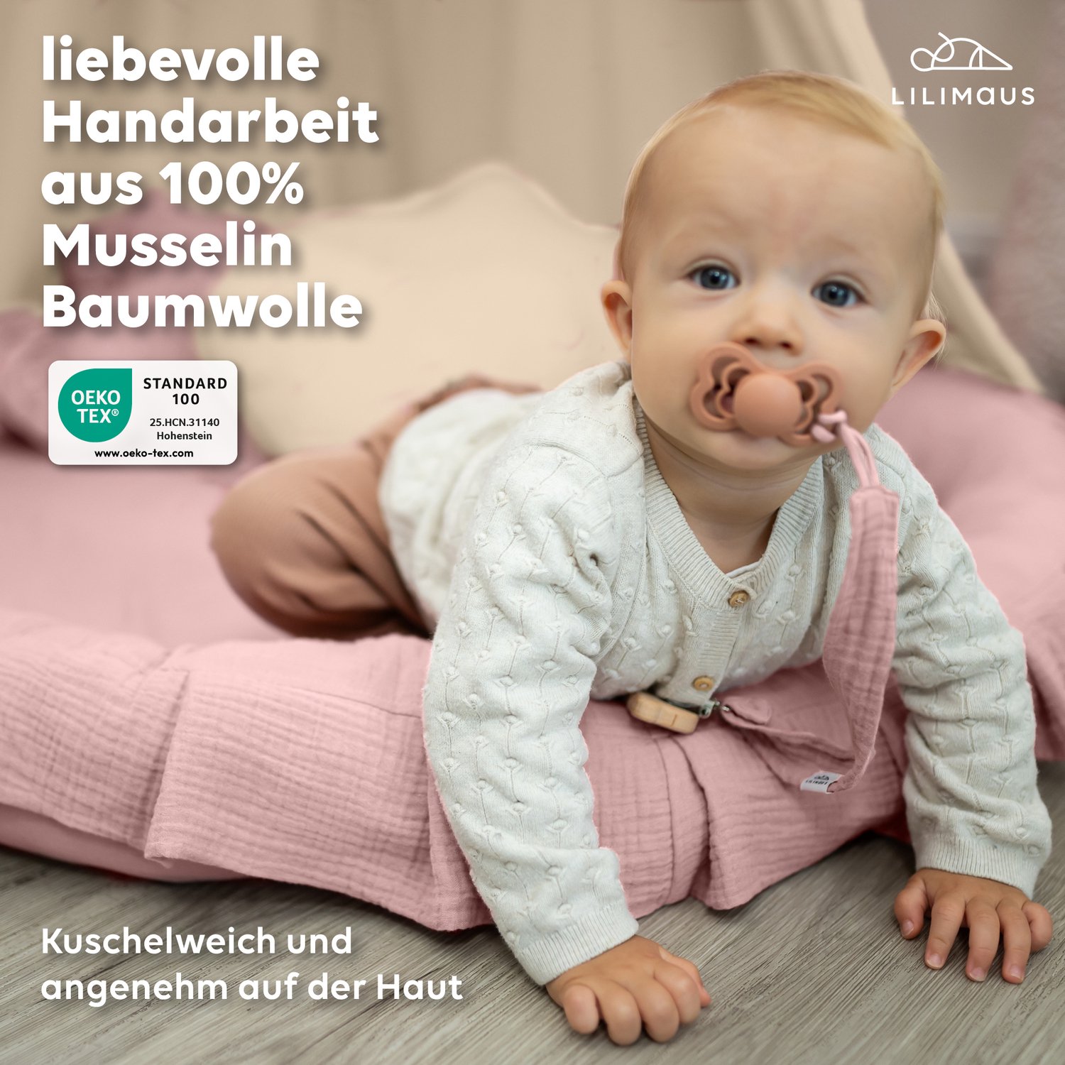 LILIMAUS Vloerkussen rond kinderkamer - ca. 90 cm - mousseline katoen - poederroze