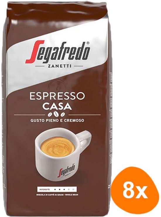 Bruine verpakking van 8x Segafredo Espresso Casa koffiebonen met afbeelding van een kopje espresso.