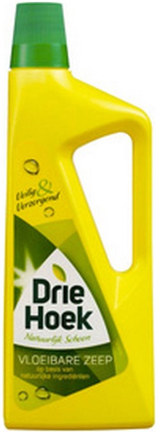 Gele fles Driehoek vloeibare zeep met groene dop en etiket met tekst: Veilig & Verzorgend, Driehoek, Vloeibare Zeep.