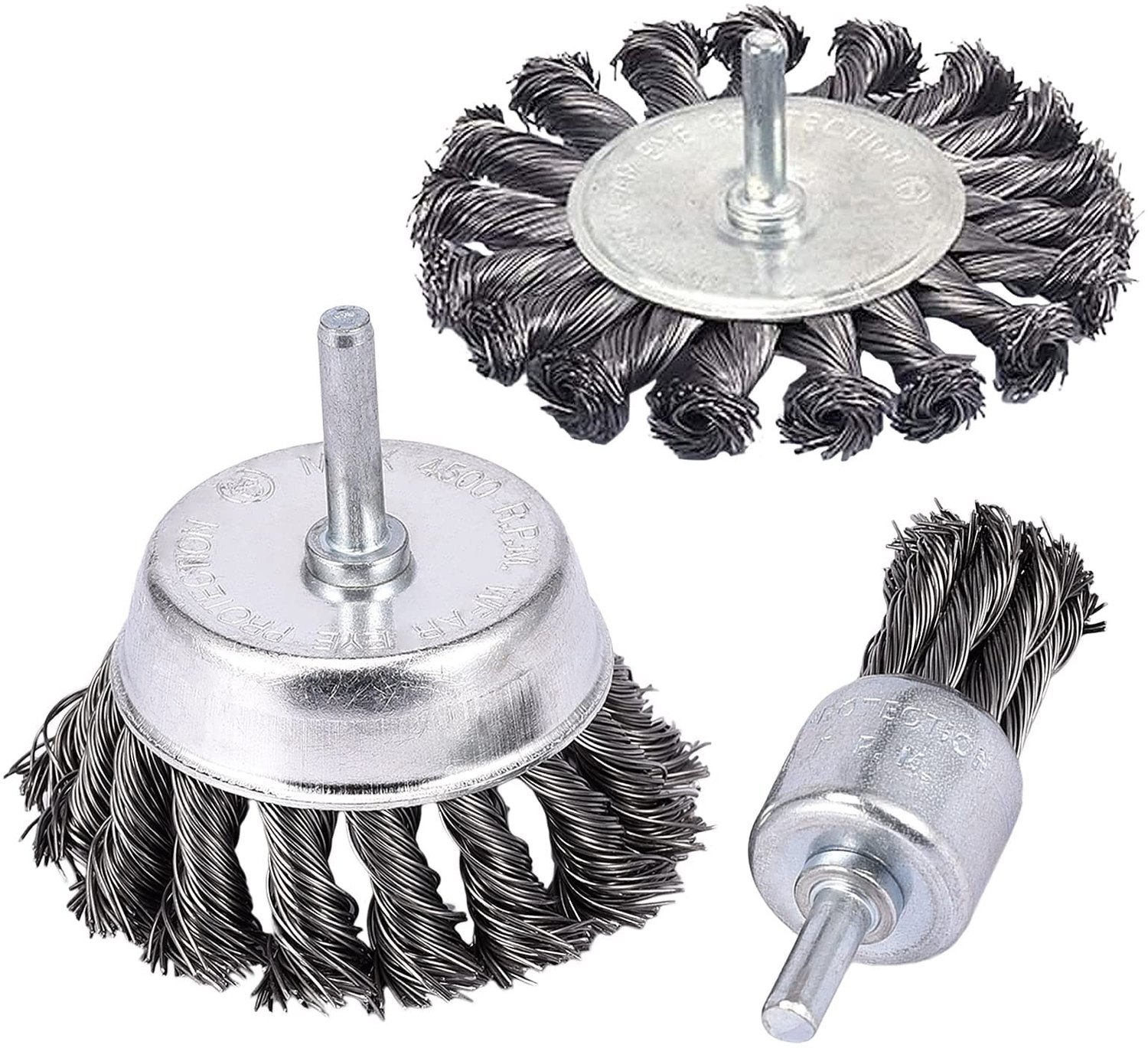 Draadborstel Set - 75 mm Wiel Borstel - 50 mm Cup Borstel - 25 mm Eindborstel - Koolstofstaal - Voor Reiniging Kleine Ruimtes - Boren