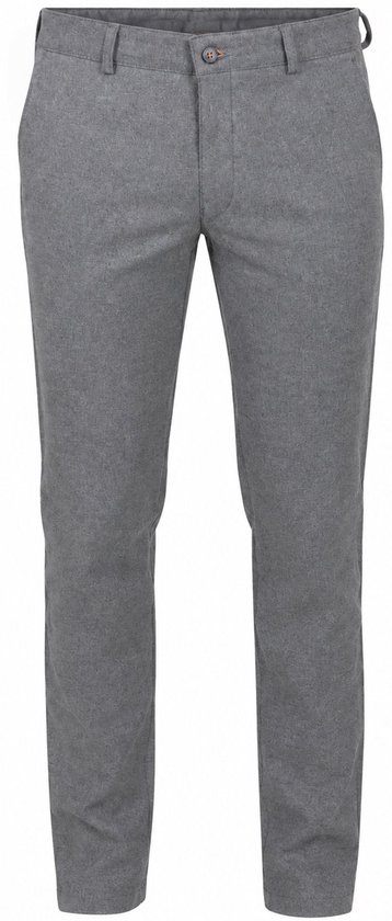 Grijze chino van flanel met rits- en knoopsluiting en riemlussen.